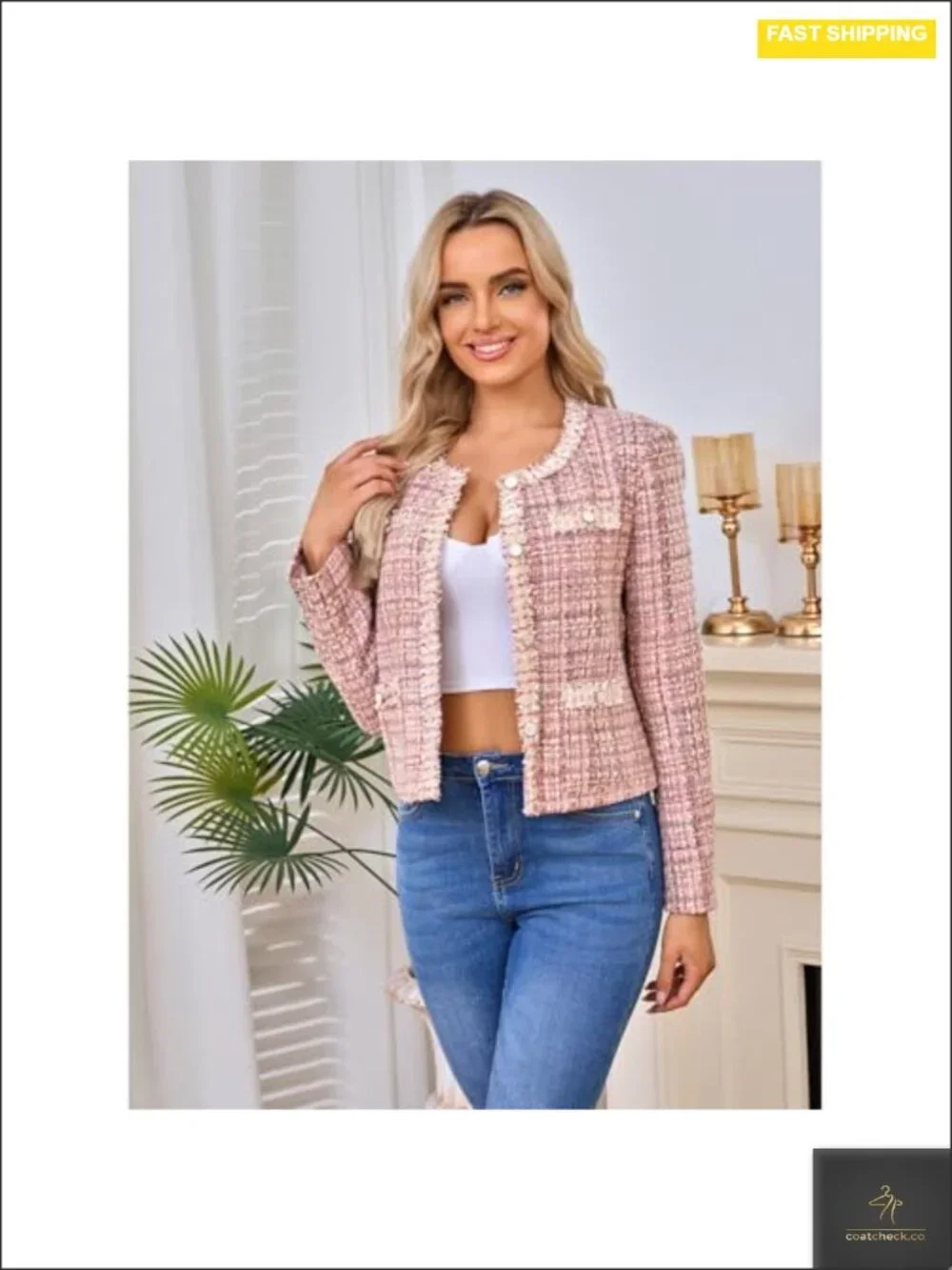 Women's Cropped Tweed Blazer Open Front Lace Trim Plaid Lightweight
